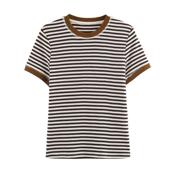 Brown and white striped t-shirt with brown trim on a white background