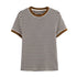 Brown and white striped t-shirt with brown trim on a white background