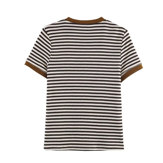 Brown and white striped t-shirt with brown trim on a white background