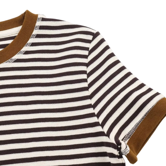 Striped shirt with brown trim on a white background