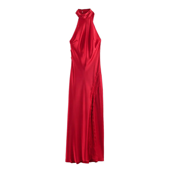 Red halter neck gown  with lace thigh split on a white background