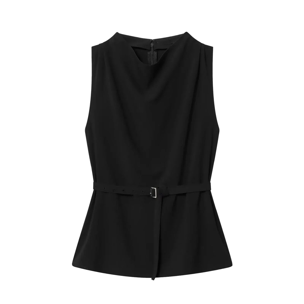 Black sleeveless women's dress top with a belt on a white background