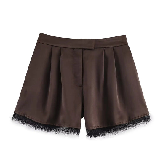 Brown shorts with black lace trim on a white background