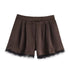 Brown shorts with black lace trim on a white background