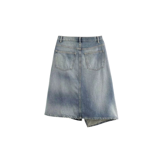 back of Blue denim women's asymmetrical skirt on a white background