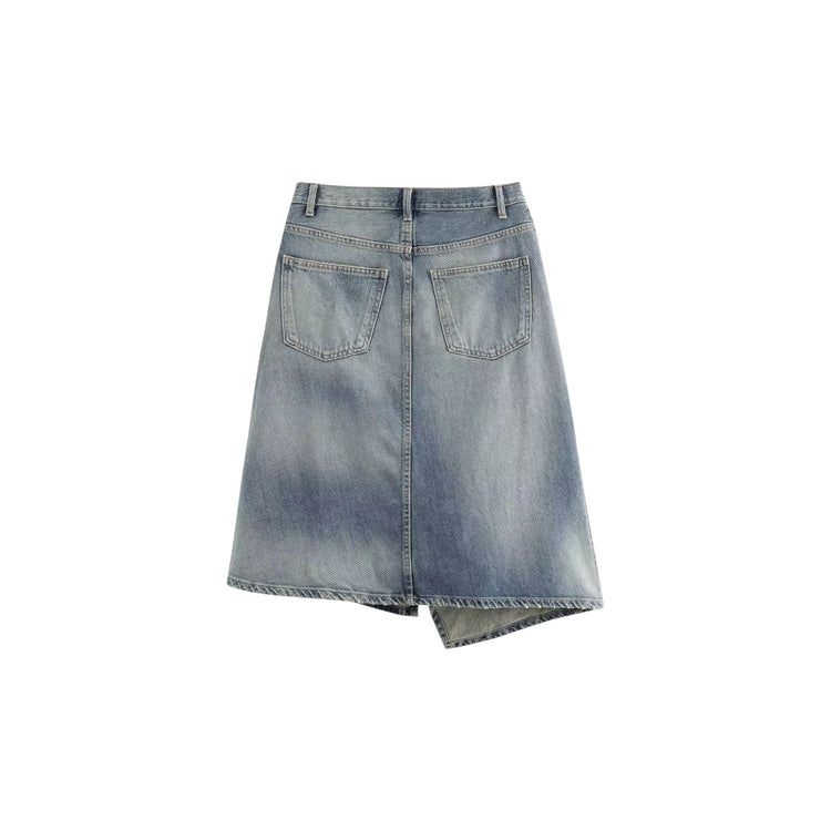 back of Blue denim women's asymmetrical skirt on a white background