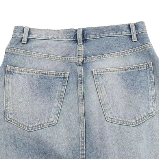 close up - back - Blue denim women's asymmetrical skirt on a white background