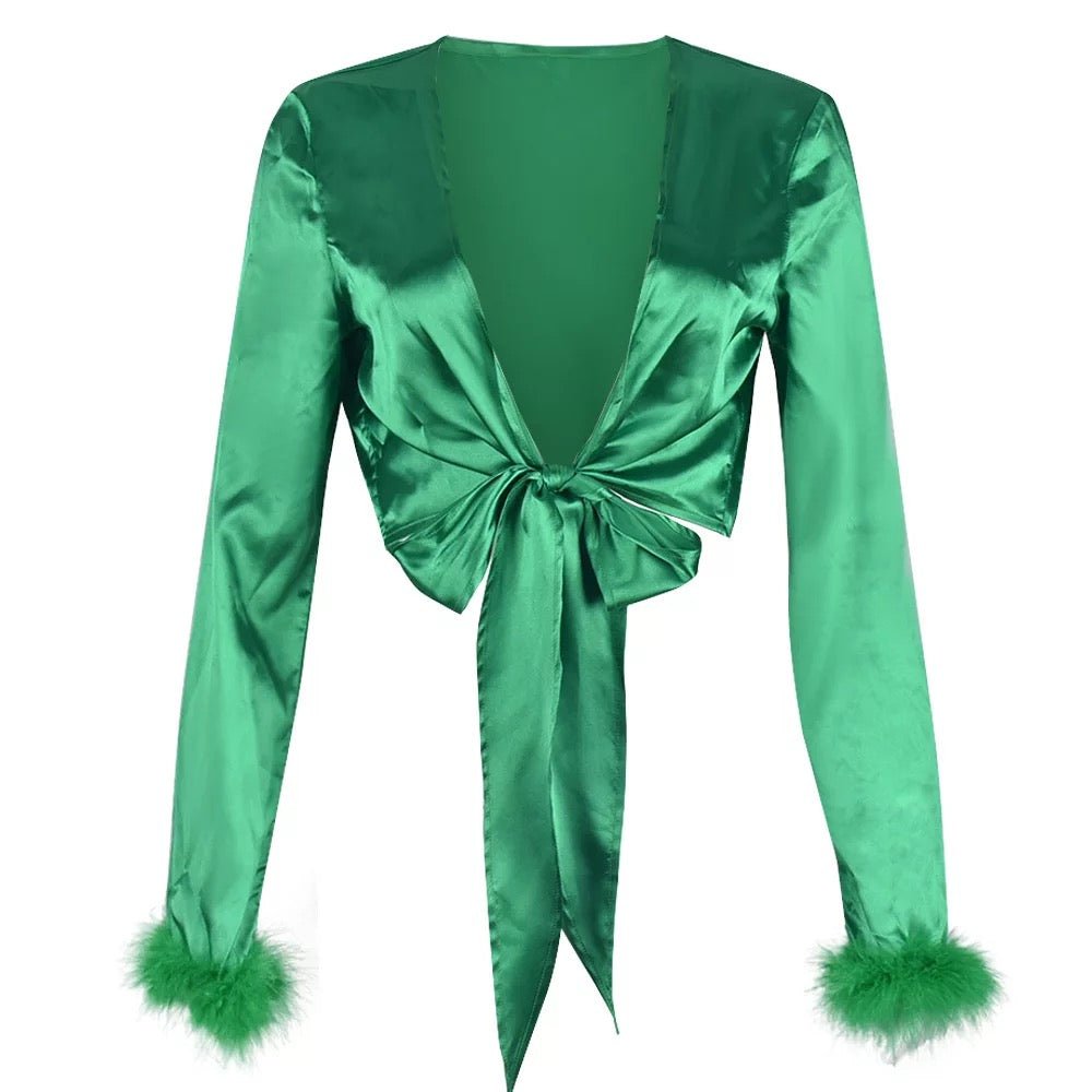So Smooth Satin Fuzzy Tie Front Top - Dezired Beauty Boutique